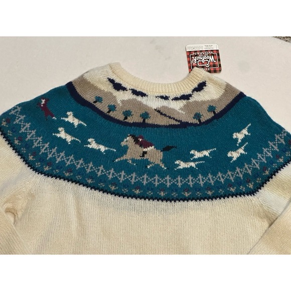 VTG Woolrich Fox Hunting Equestrian Fair Isle Wool Crew Sweater Women Sz M-L NWT - Picture 5 of 9